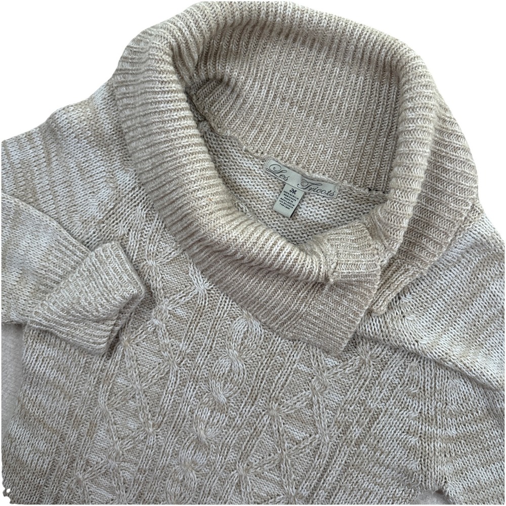 Les Tricots Sweater Women Medium Beige Cable Knit Cowl‎ Neck 3/4 Sleeve  Accent
